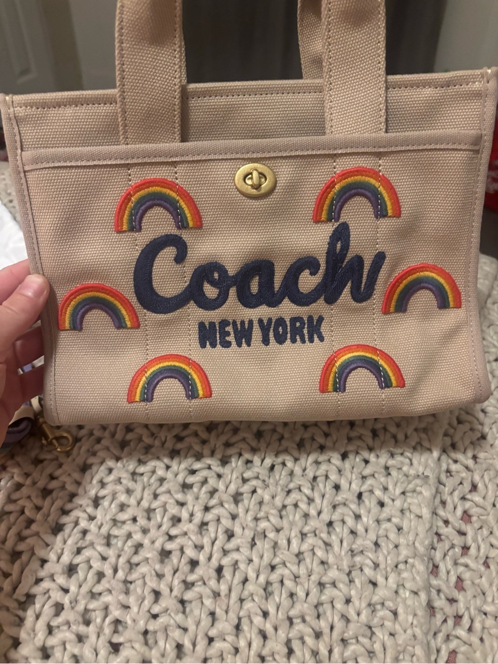 Coach Beige Canvas Tote with Rainbow Appliqués and Striped Strap - Picture 4 of 11